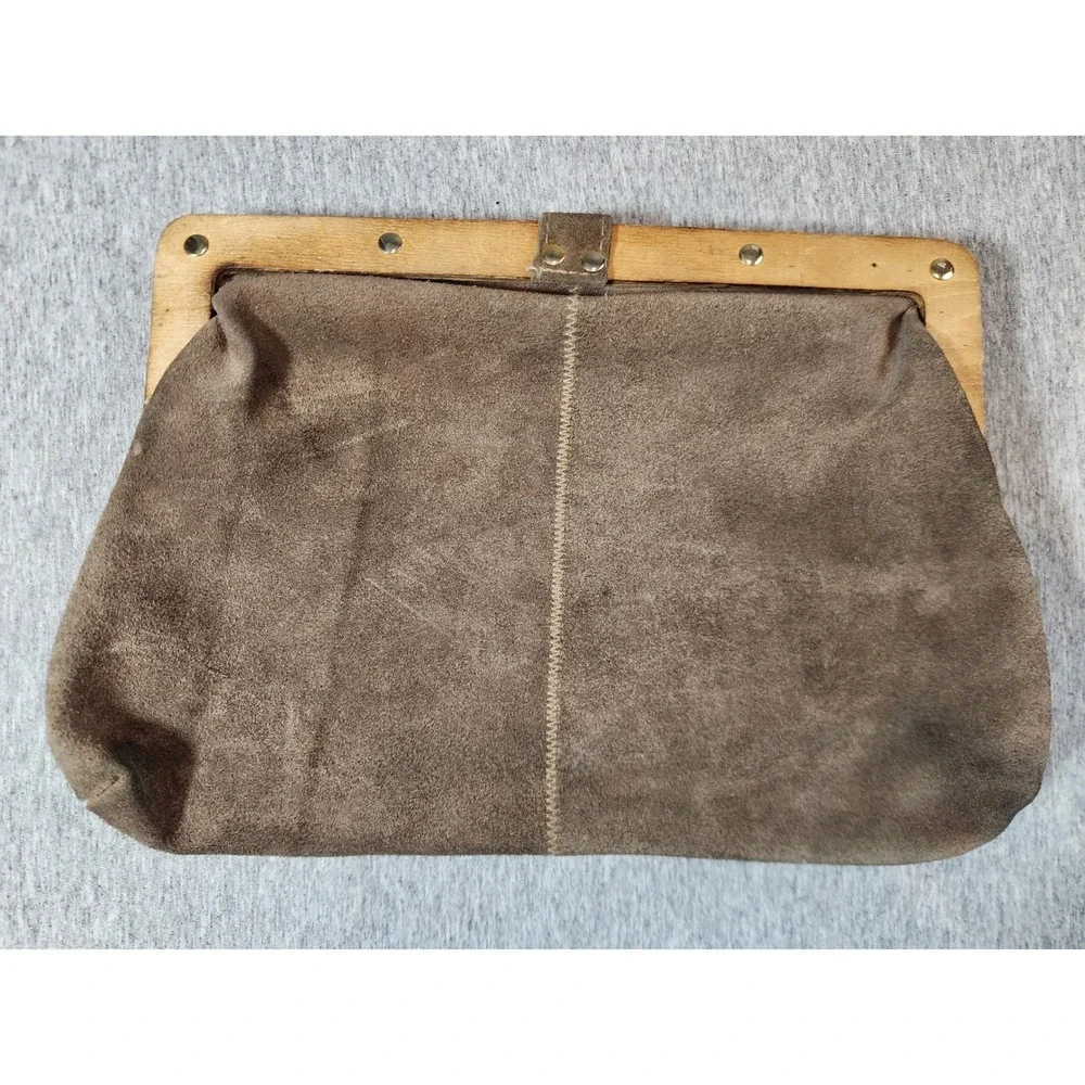 Vintage Suede Wood Frame Clutch Bag Womens Medium Brown Bohemian Made in HK